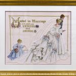 娘のリクエストで、結婚式のウェルカムボードとして作りました。 刺しているうちにウェディングらしくと、リネンの色を淡いピンクにしたり、ビーズをドレスの裾、襟、ブーケ、ヴェール いたる所に付けたり、エフェクト糸を重ね刺ししたりと、かなり盛り込んでしまいました。 作品の雰囲気的には少し疑問ですが、花嫁花婿の希望でそれぞれにゆかりのあるチャームも添えました。 L & Lチャート