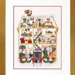 それぞれのお部屋がクリスマスの飾りにあふれて細かな可愛い物がいっぱいです。サンタクロースが来たのに男の子は待ちくたびれて木馬で寝てしまいました。黒猫もお友達猫が訪ねて来たのに暖炉の前のソファーで寝ています。サンタの顔のバスマットが気に入っています。DMCデザインリーフレット。 サンタクロースを待ちながら